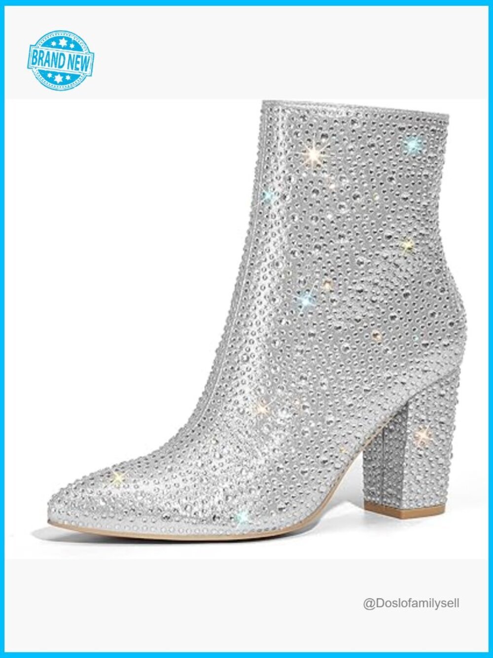 Rhinestone Booties Sparkly Ankle Boots Pointed Toe Block Chunky Heel Glitter